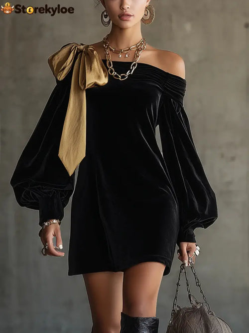 MINI VELVET DRESS WITH GOLD BOW - ONLY / XS