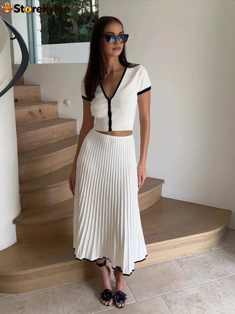 Minimalism Contrast Trim Sweater Skirt Set