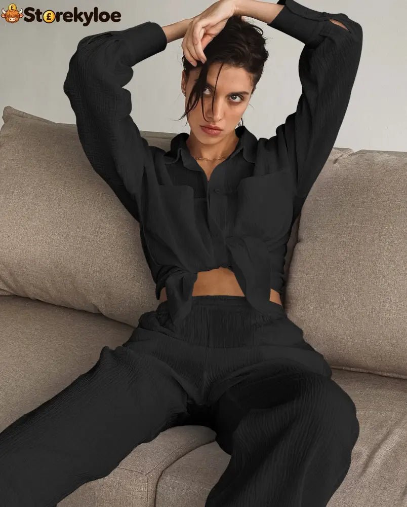 Minimalist Cotton Two Piece Pants Set - Black / S