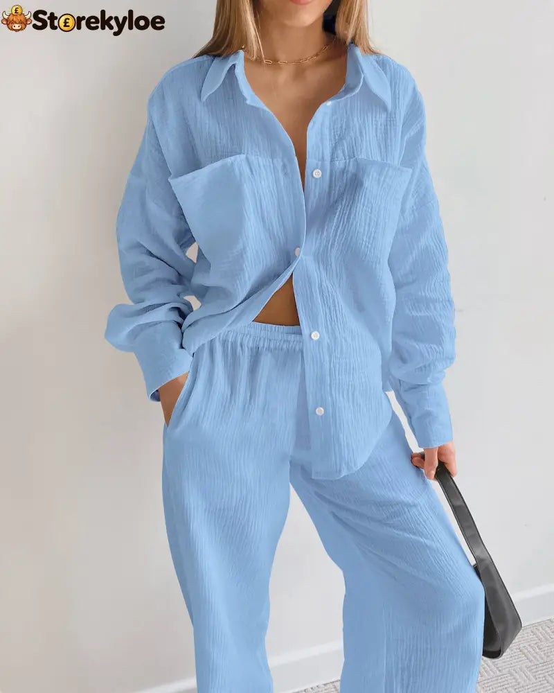 Minimalist Cotton Two Piece Pants Set - Blue / S