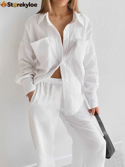 Minimalist Cotton Two Piece Pants Set - White / S