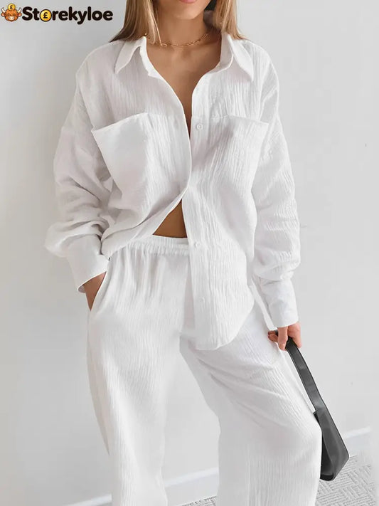 Minimalist Cotton Two Piece Pants Set - White / S