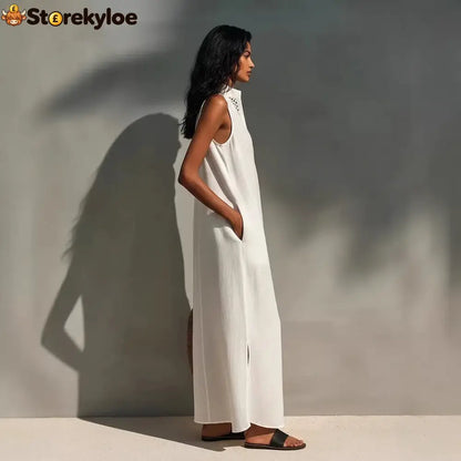 Minimalist Linen Halter Maxi Dress | Sleeveless Office-to-Resort Wear