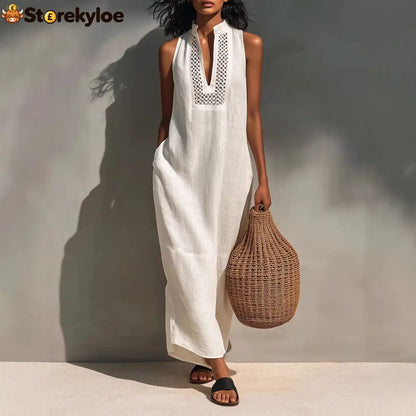 Minimalist Linen Halter Maxi Dress | Sleeveless Office-to-Resort Wear - White / XS