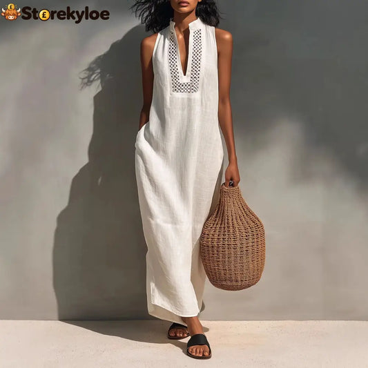Minimalist Linen Halter Maxi Dress | Sleeveless Office-to-Resort Wear - White / XS