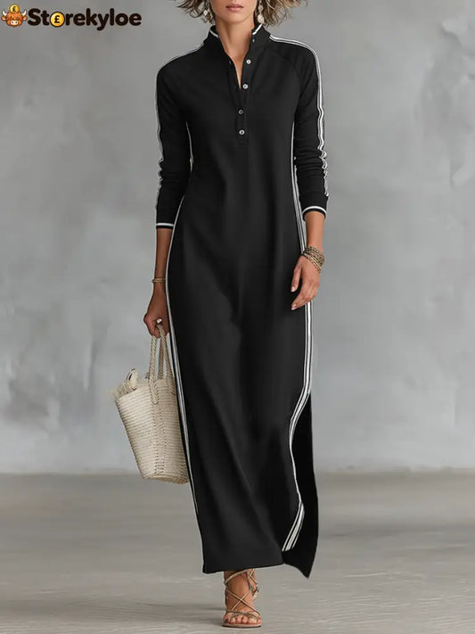Minimalist White-trimmed Button-down Collar Sweatshirt Dress Maxi Dress - Black / XS