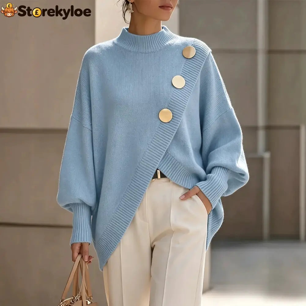Mock Neck Oversized Batwing Sleeve Asymmetric Hem Knit Sweater With Decorative Gold Buttons