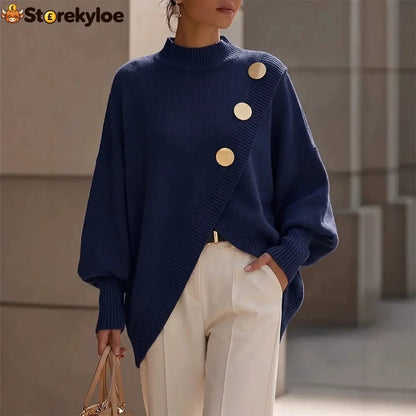 Mock Neck Oversized Batwing Sleeve Asymmetric Hem Knit Sweater With Decorative Gold Buttons