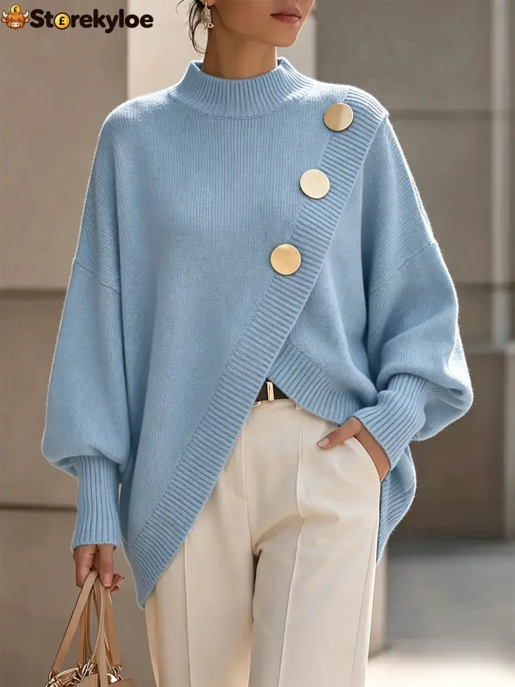 Mock Neck Oversized Batwing Sleeve Asymmetric Hem Knit Sweater With Decorative Gold Buttons - Light blue / S