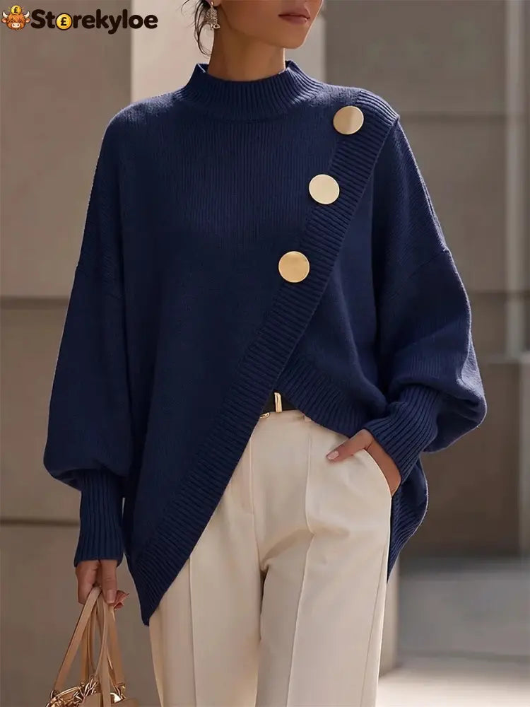 Mock Neck Oversized Batwing Sleeve Asymmetric Hem Knit Sweater With Decorative Gold Buttons - Navy blue / S