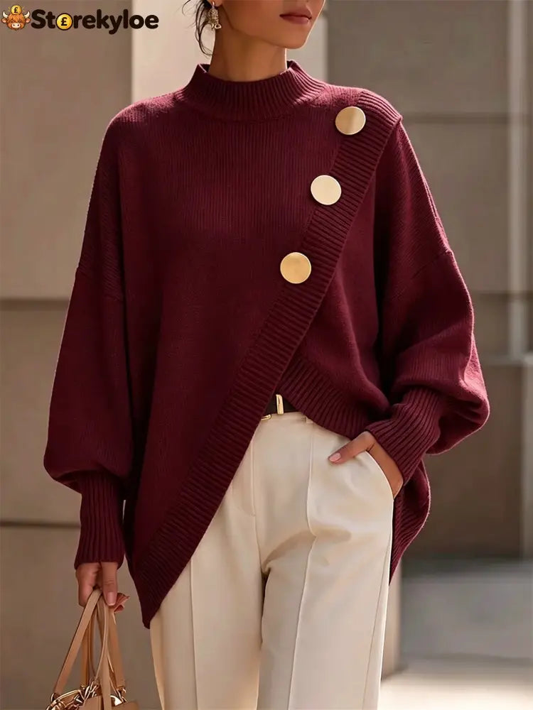 Mock Neck Oversized Batwing Sleeve Asymmetric Hem Knit Sweater With Decorative Gold Buttons - Wine / S