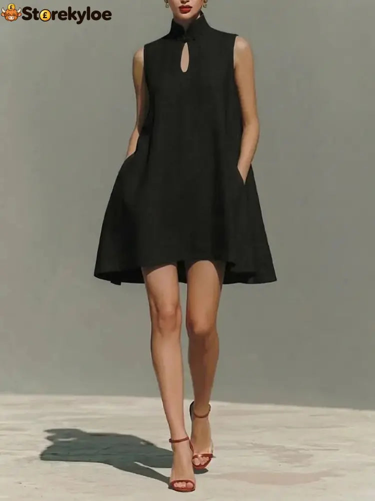 Modern Qipao-Inspired Linen Shift Dress - Black / S