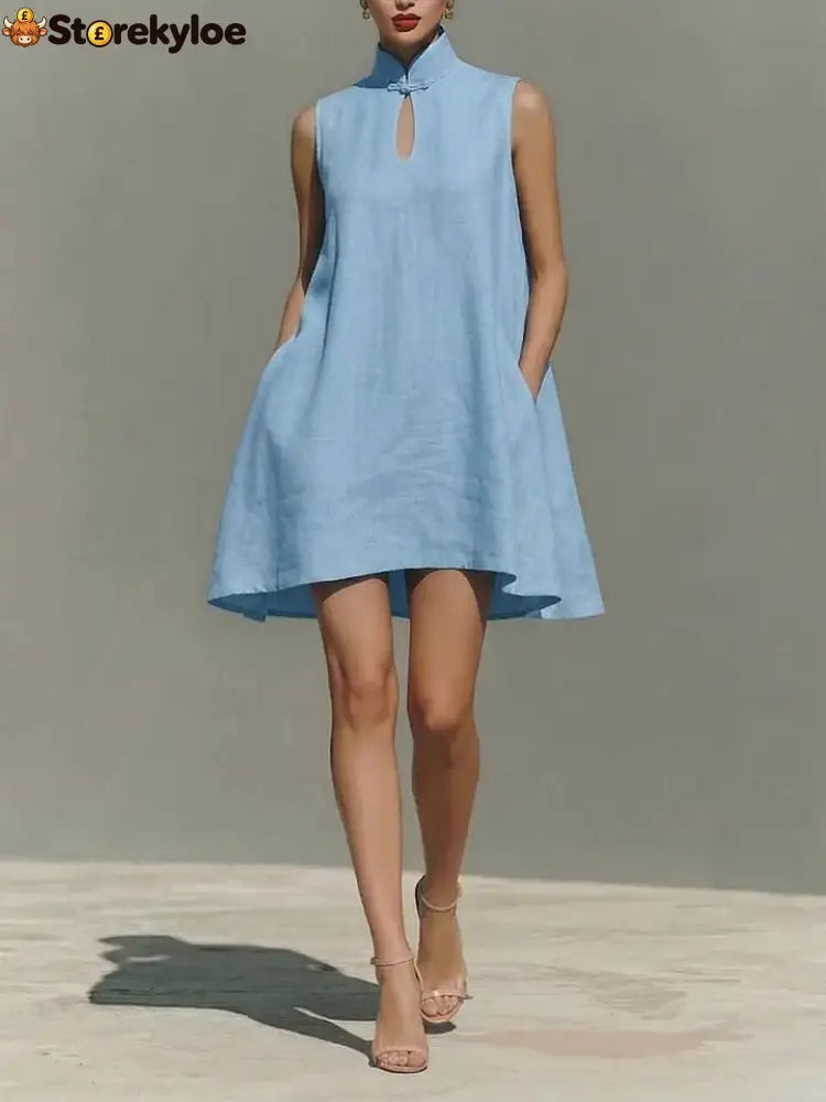 Modern Qipao-Inspired Linen Shift Dress - Blue / S