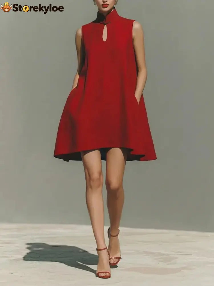 Modern Qipao-Inspired Linen Shift Dress - Red / S