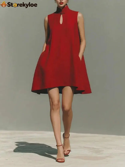 Modern Qipao-Inspired Linen Shift Dress - Red / S