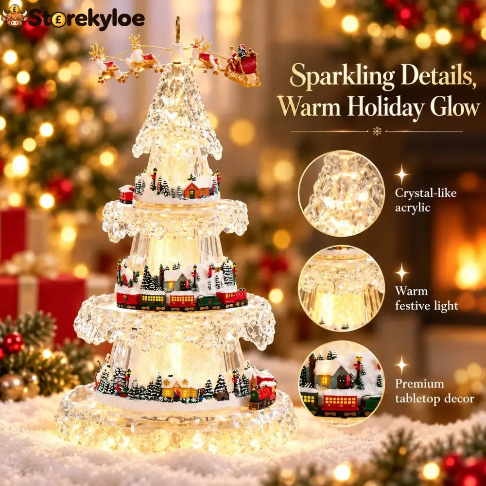 🎄 Musical Christmas Tree with Animated Train – Light-Up Acrylic Holiday Village Tabletop Decoration