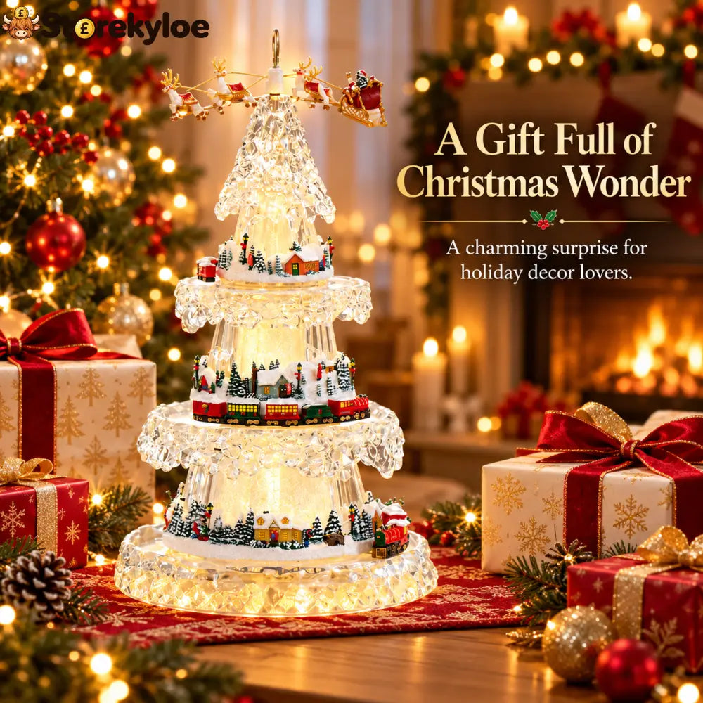 🎄 Musical Christmas Tree with Animated Train – Light-Up Acrylic Holiday Village Tabletop Decoration