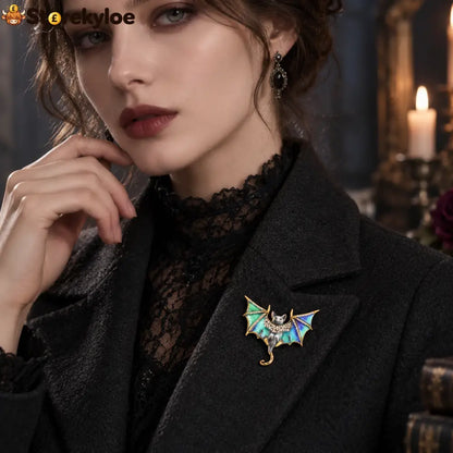 Mystic Bat Brooch Vintage Gothic Crystal Enamel Animal Lapel Pin For Women Dark Night Jewelry For Coat Scarf
