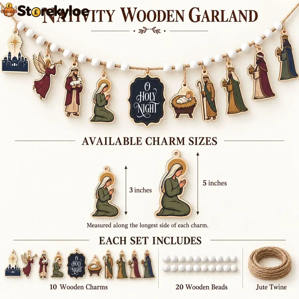 Nativity Scene Christmas Wooden Garland - 3’’