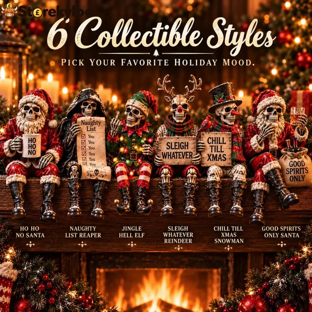 💀🎄 Naughty Christmas Skeletons – 6-style Gothic Holiday Shelf Sitters Funny Mantel Decor & Unique Christmas Gifts 🎁