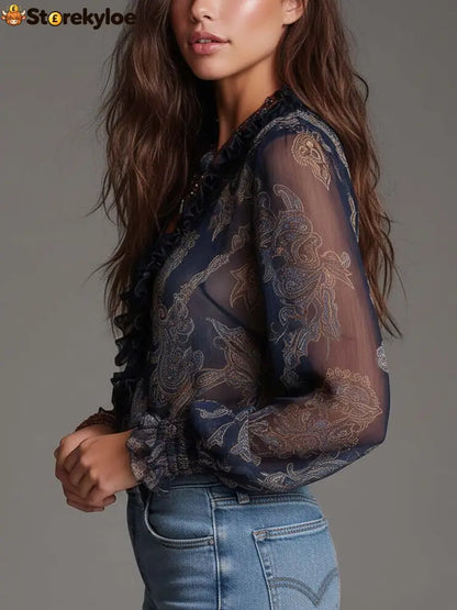 Navy Baroque Paisley Ruffle Zip Chiffon Blouse