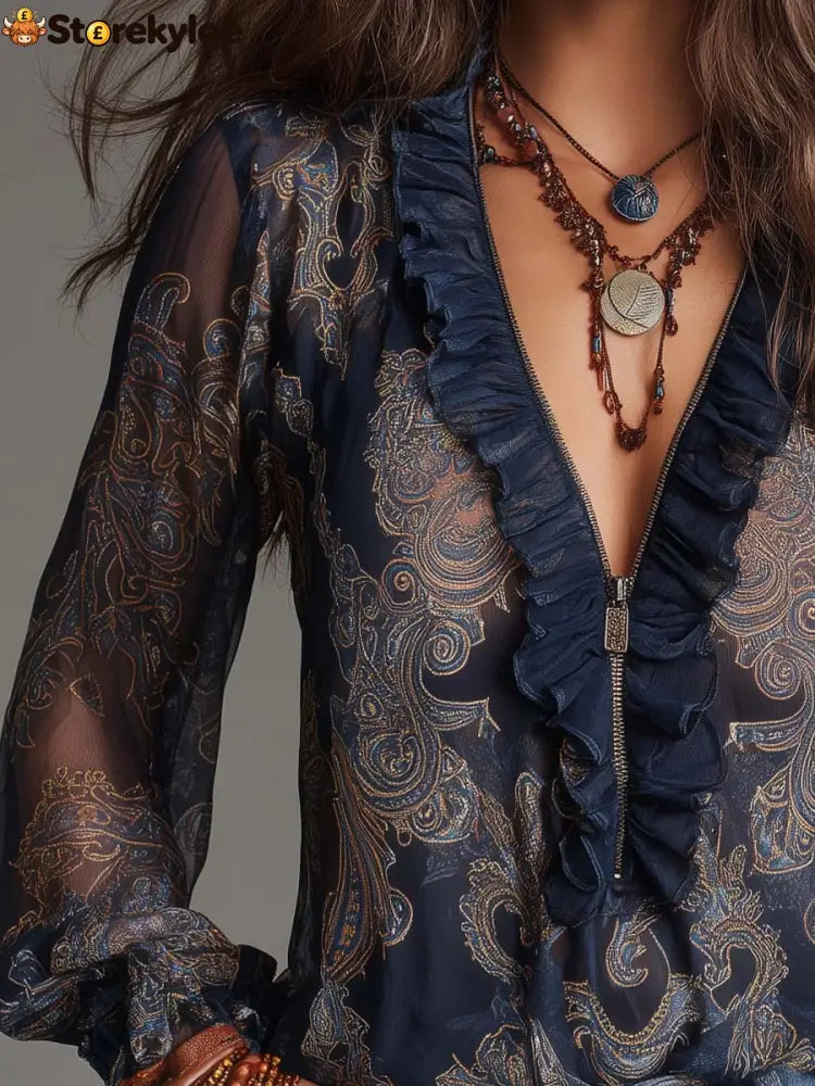 Navy Baroque Paisley Ruffle Zip Chiffon Blouse