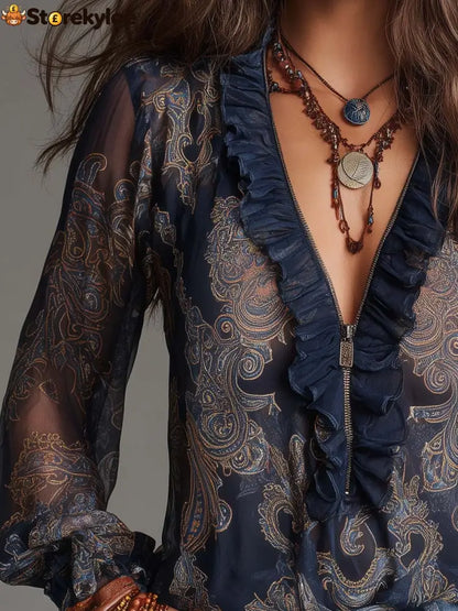 Navy Baroque Paisley Ruffle Zip Chiffon Blouse