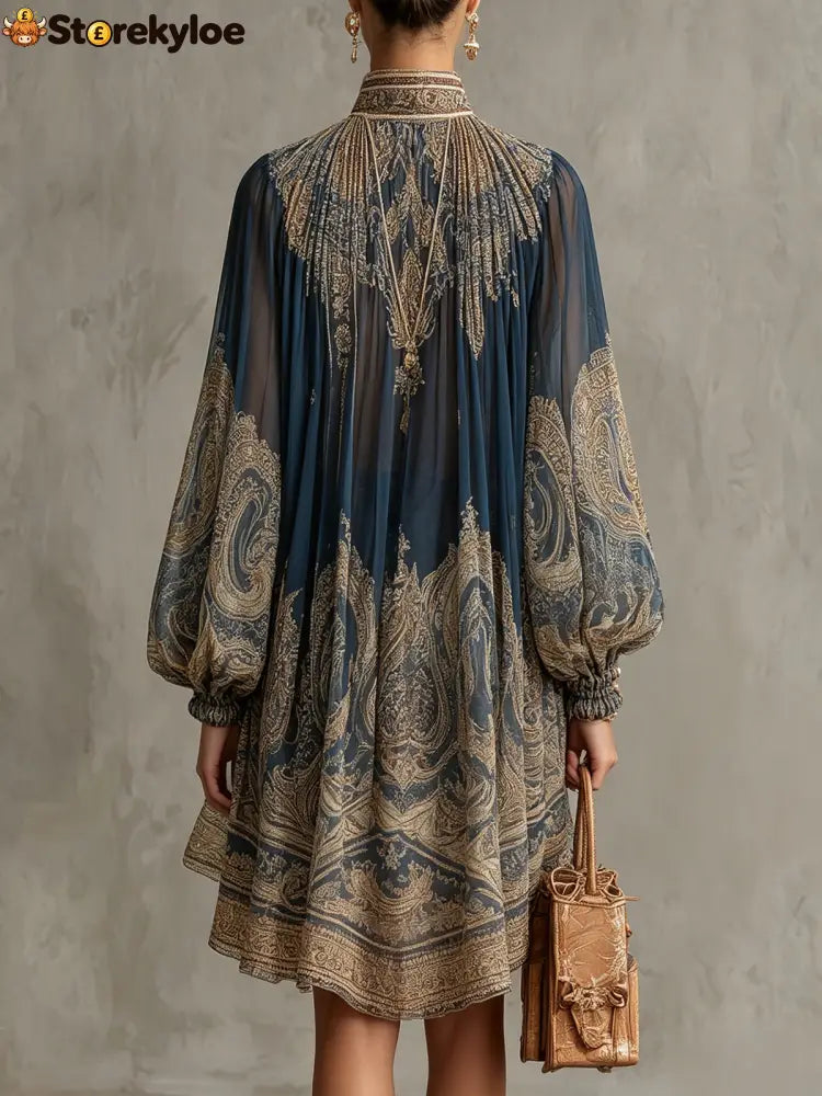 Navy Blue Baroque Print High-neck Irregular Chiffon Mini Dress - Dresses