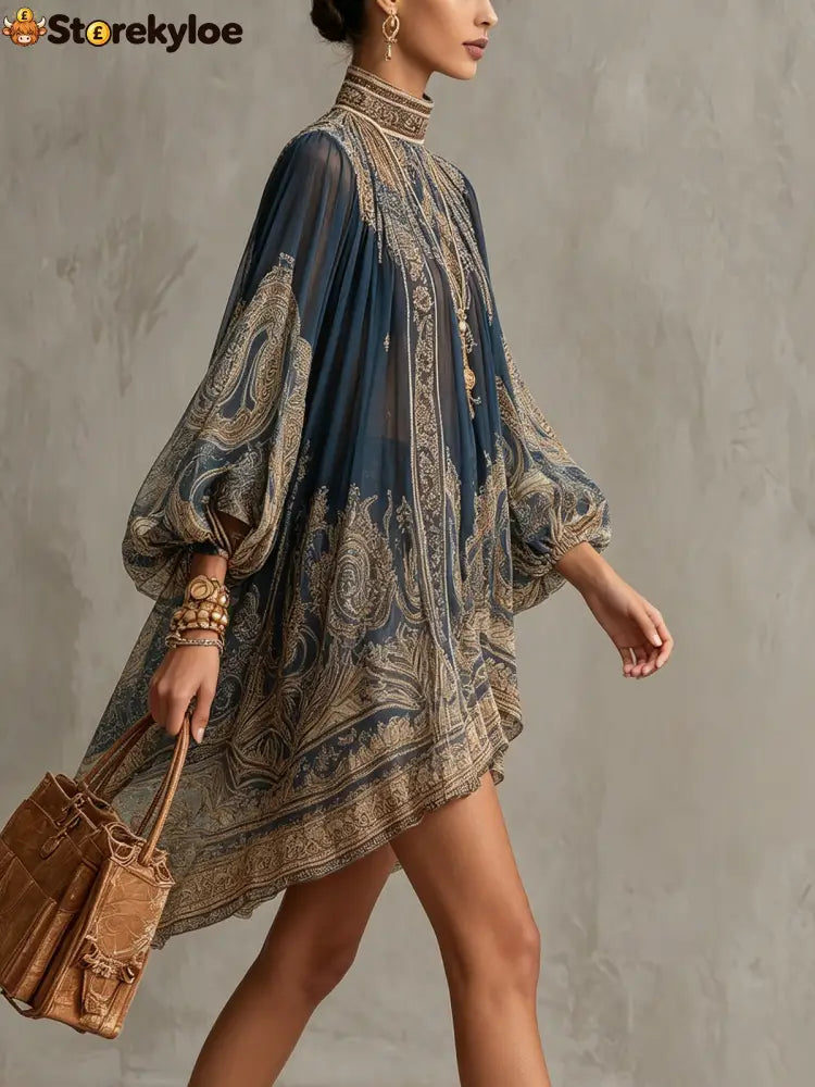 Navy Blue Baroque Print High-neck Irregular Chiffon Mini Dress - Dresses