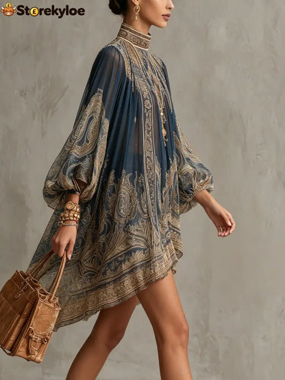 Navy Blue Baroque Print High-neck Irregular Chiffon Mini Dress - Dresses