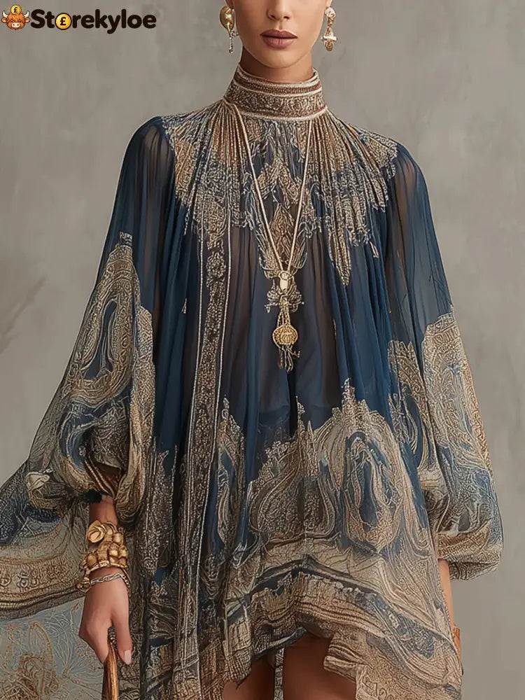 Navy Blue Baroque Print High-neck Irregular Chiffon Mini Dress - Dresses