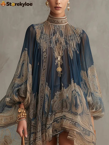 Navy Blue Baroque Print High-neck Irregular Chiffon Mini Dress - Dresses