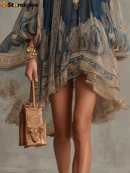 Navy Blue Baroque Print High-neck Irregular Chiffon Mini Dress - Dresses