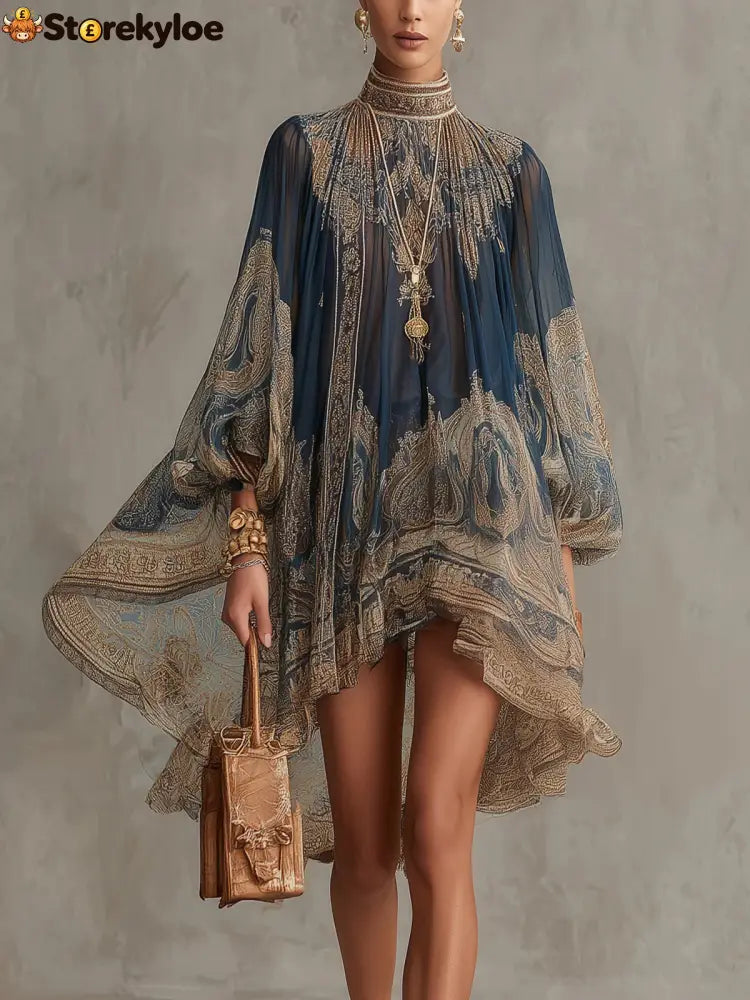 Navy Blue Baroque Print High-neck Irregular Chiffon Mini Dress - Navy / XS(2) - Dresses