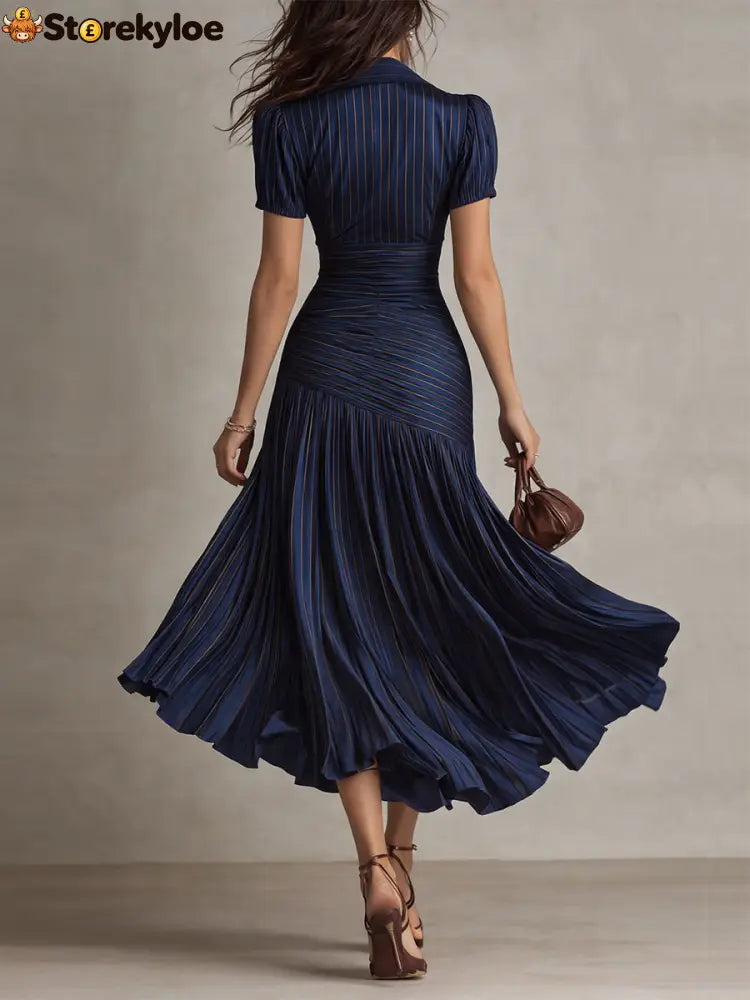 Navy Blue Striped Shirt Collar Satin Pleated Midi Dress