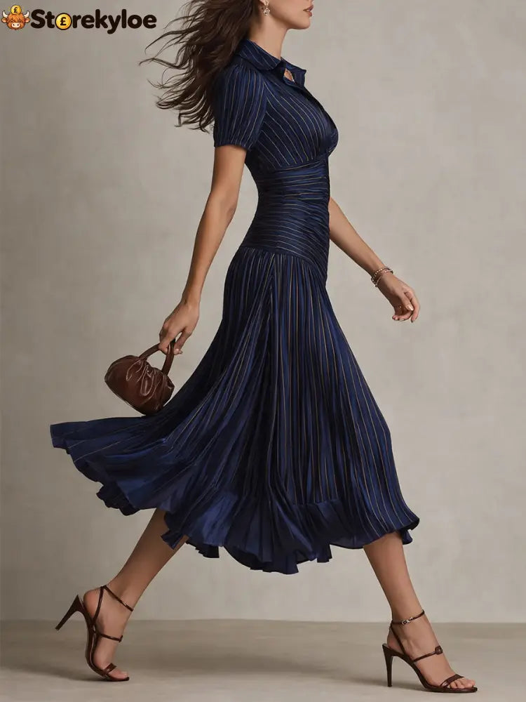 Navy Blue Striped Shirt Collar Satin Pleated Midi Dress