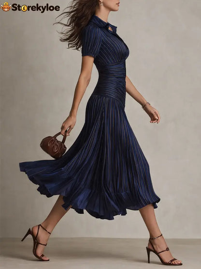 Navy Blue Striped Shirt Collar Satin Pleated Midi Dress