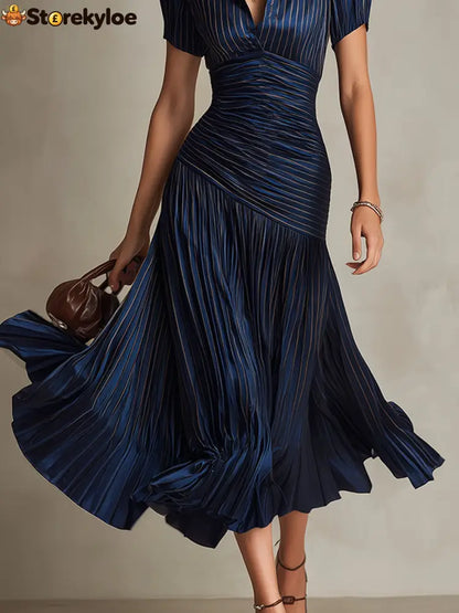 Navy Blue Striped Shirt Collar Satin Pleated Midi Dress