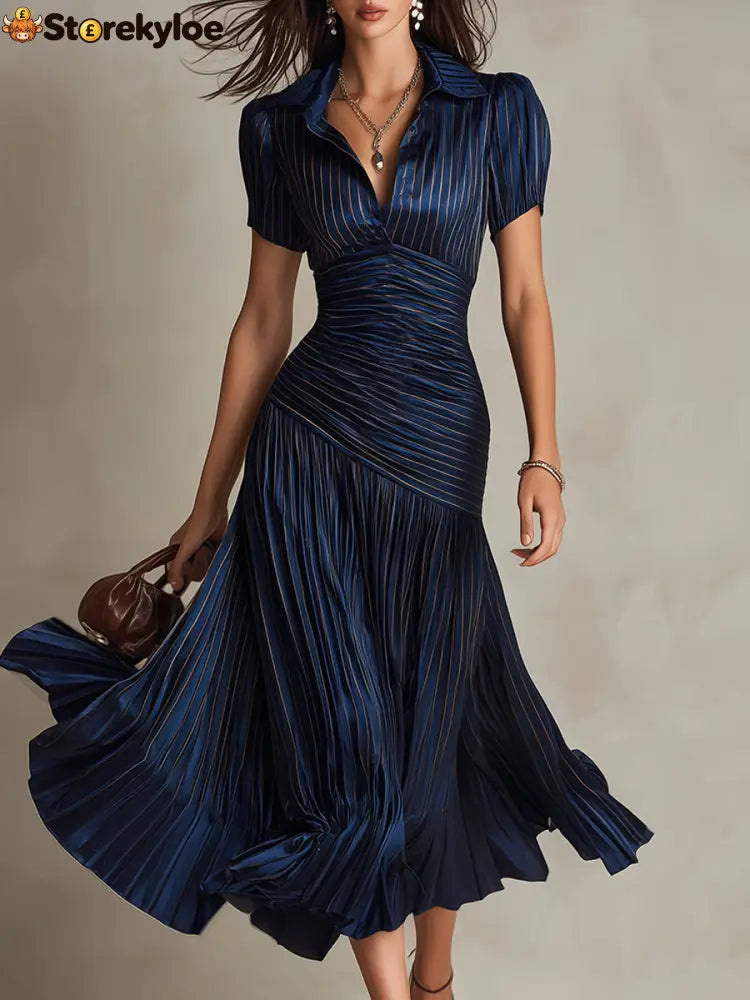 Navy Blue Striped Shirt Collar Satin Pleated Midi Dress