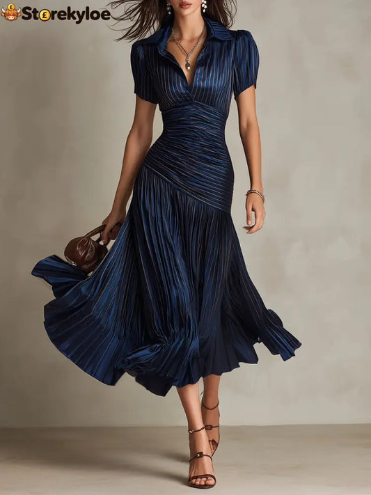 Navy Blue Striped Shirt Collar Satin Pleated Midi Dress - Navy Blue / XS