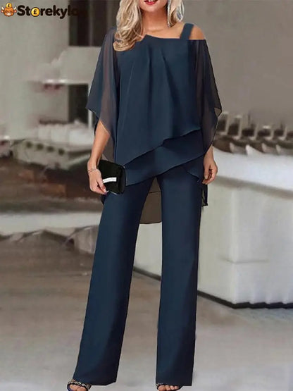 Navy Cold Shoulder Ruffled Tiered Top and Pants Two Piece Set