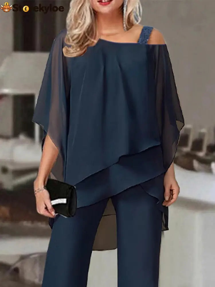Navy Cold Shoulder Ruffled Tiered Top and Pants Two Piece Set