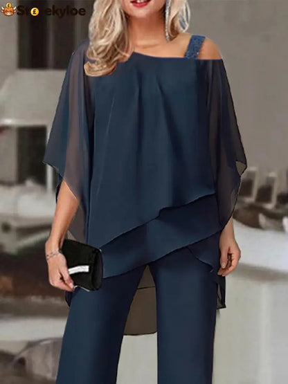 Navy Cold Shoulder Ruffled Tiered Top and Pants Two Piece Set