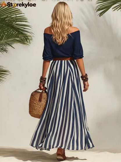 Navy Off Shoulder Top Stripe Pants Set