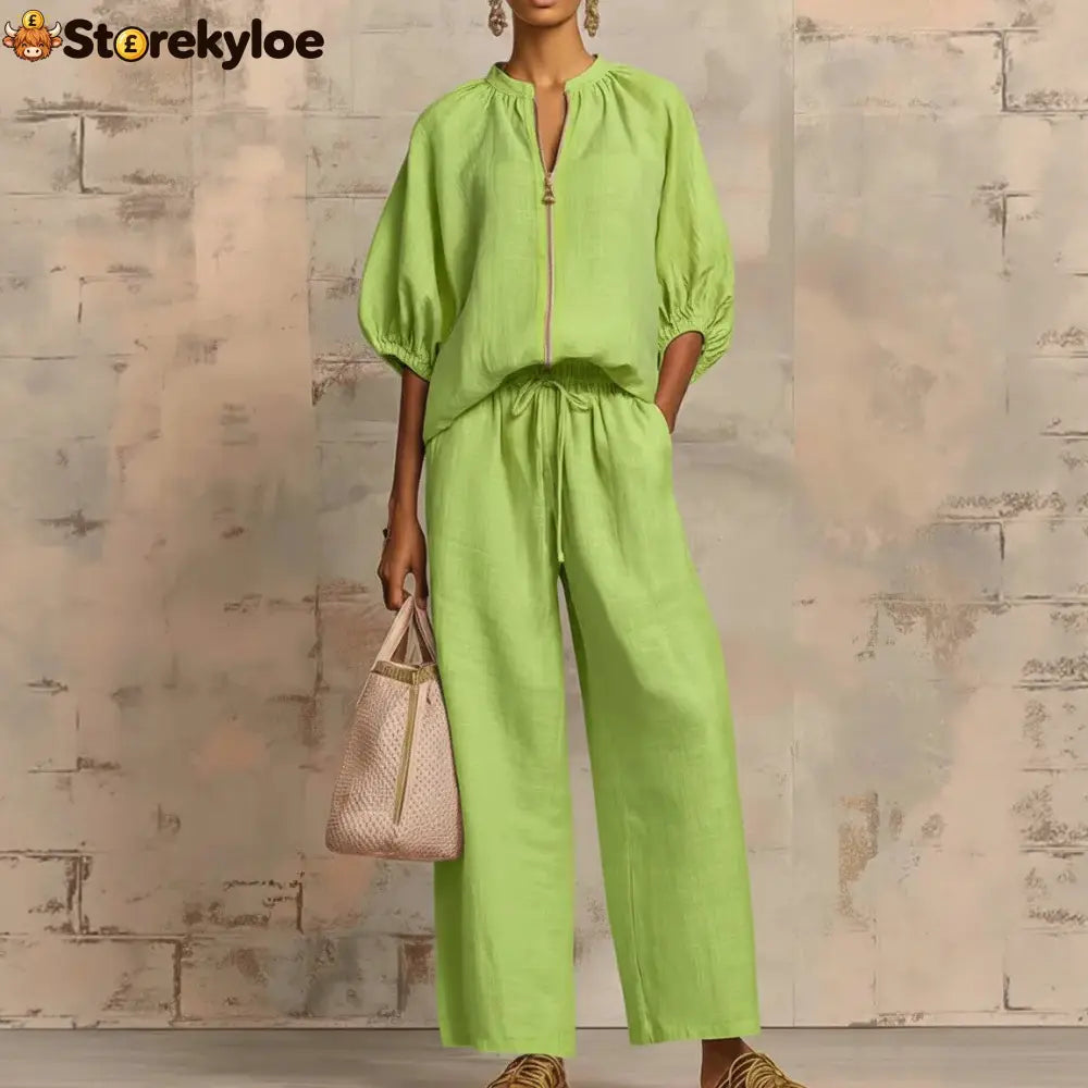 New Arrivals🔥 Stylish Cozy Zipper Shirt & Wide-Leg Pants Linen Cotton Two-Piece Set