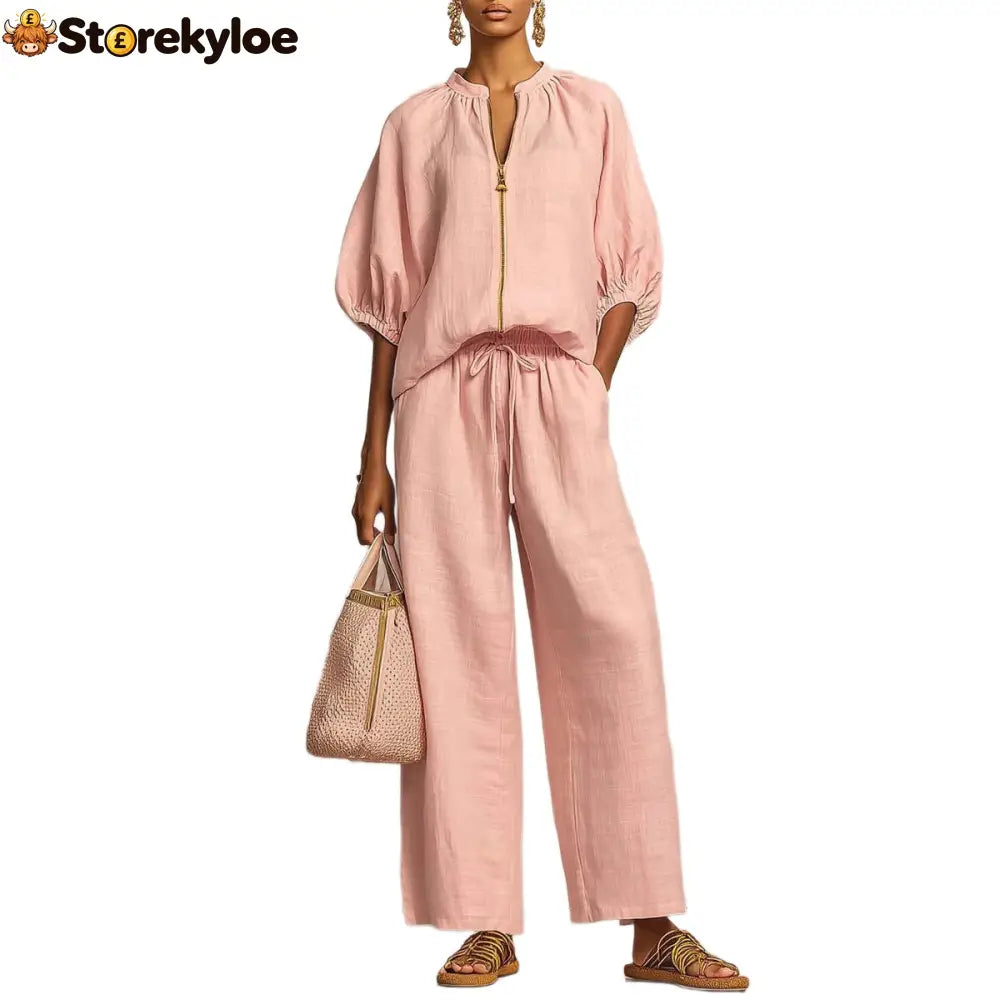 New Arrivals🔥 Stylish Cozy Zipper Shirt & Wide-Leg Pants Linen Cotton Two-Piece Set