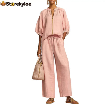 New Arrivals🔥 Stylish Cozy Zipper Shirt & Wide-Leg Pants Linen Cotton Two-Piece Set