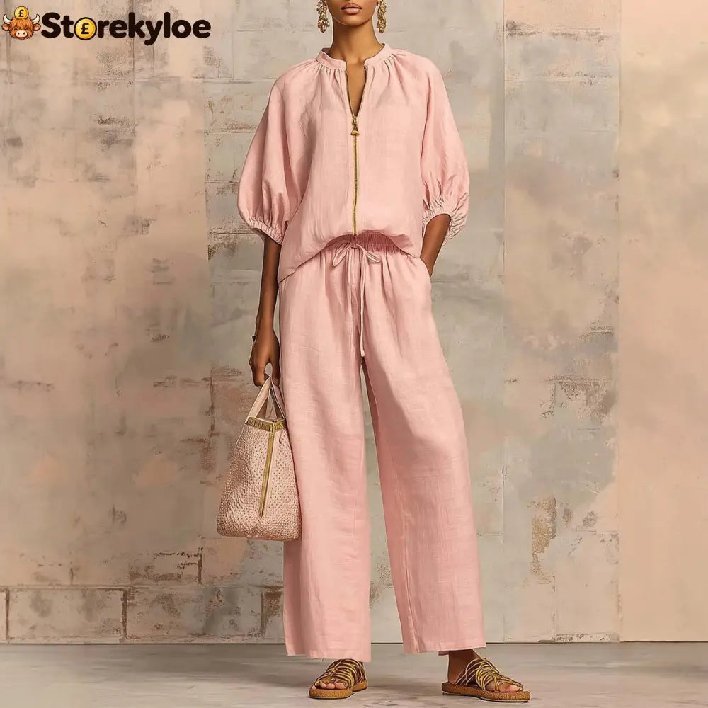 New Arrivals🔥 Stylish Cozy Zipper Shirt & Wide-Leg Pants Linen Cotton Two-Piece Set