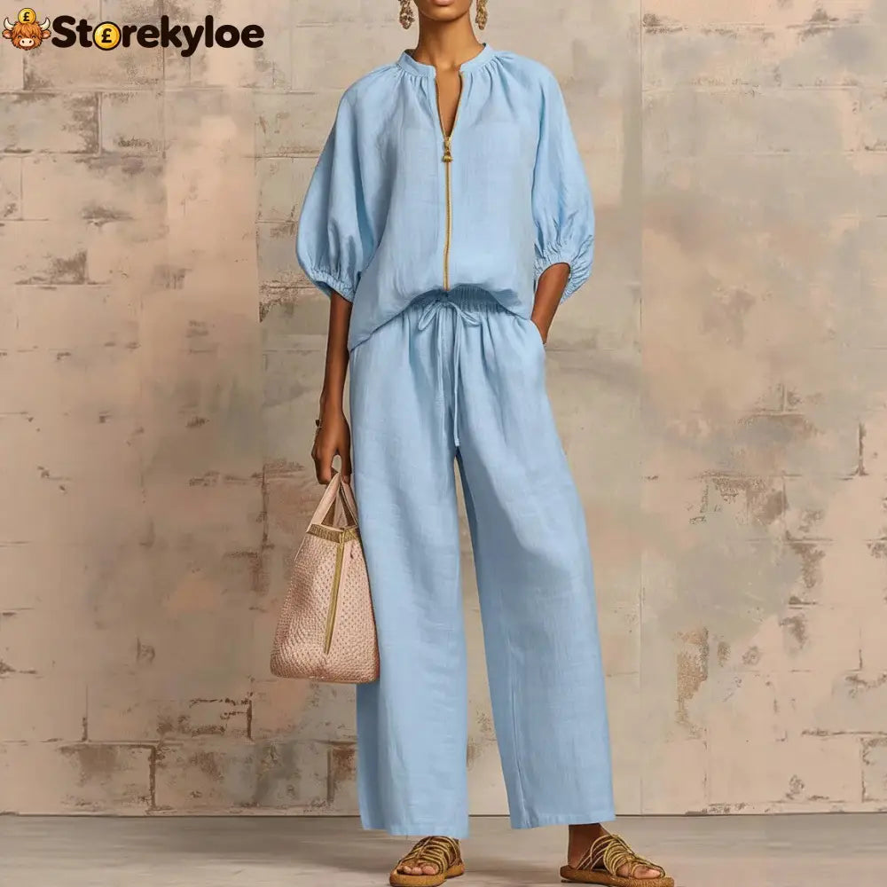 New Arrivals🔥 Stylish Cozy Zipper Shirt & Wide-Leg Pants Linen Cotton Two-Piece Set