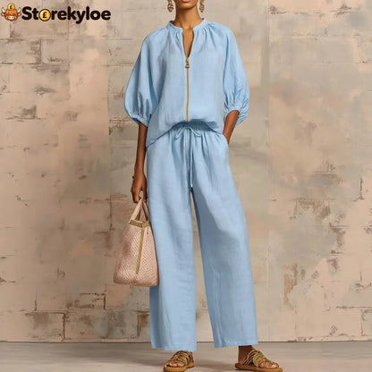 New Arrivals🔥 Stylish Cozy Zipper Shirt & Wide-Leg Pants Linen Cotton Two-Piece Set